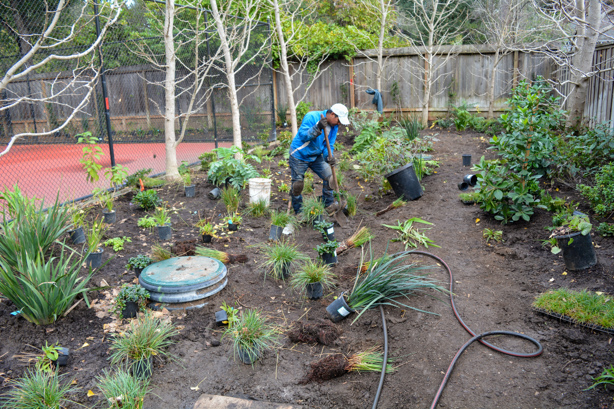 A planting crewman installs a constructed wetland space.