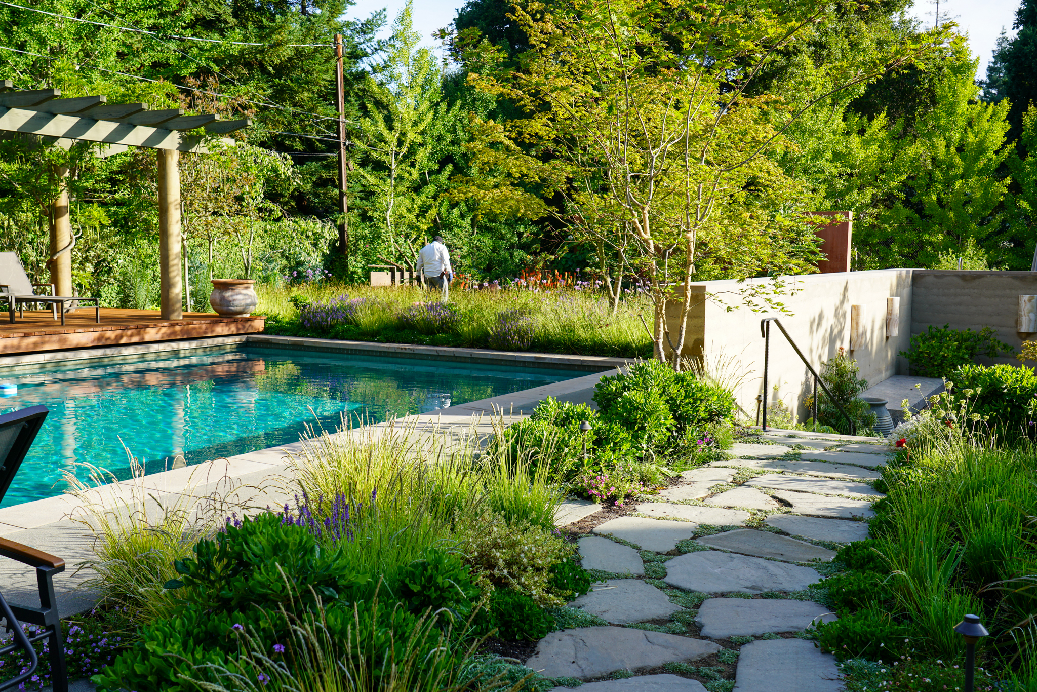 A rocky path nestled into the garden curves along a poolside.